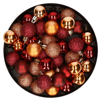 Kleine kunststof kerstversiering 40x stuks set en 3 cm kerstballen in het donkerrood en koper - Kerstbal