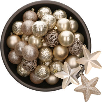 43x stuks kunststof kerstballen en sterren ornamenten champagne - Kerstbal