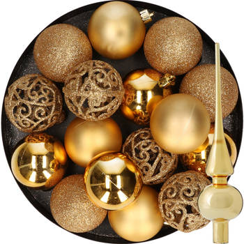16x stuks kunststof kerstballen 6 cm incl. glazen piek glans goud - Kerstbal