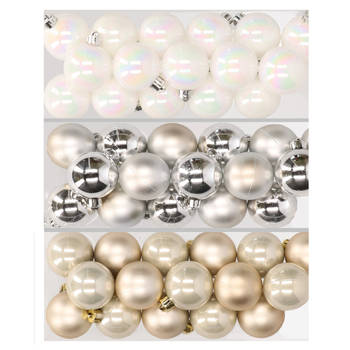 48x stuks kunststof kerstballen mix van parelmoer wit, zilver en champagne 4 cm - Kerstbal