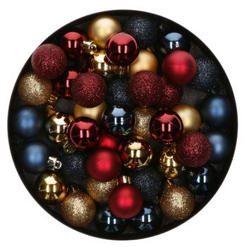 42x Stuks kunststof kerstballen mix donkerrood/goud/donkerblauw 3 cm - Kerstbal