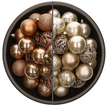 74x stuks kunststof kerstballen mix camel bruin en champagne 6 cm - Kerstbal