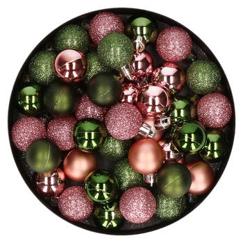 Kleine kunststof kerstversiering 40x stuks set en 3 cm kerstballen in het roze en groen - Kerstbal