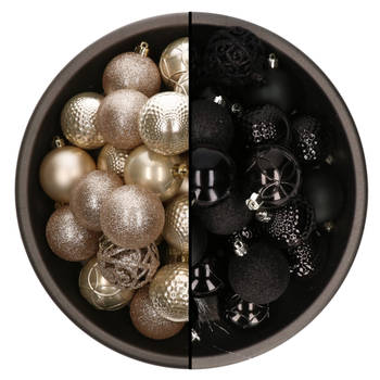 74x stuks kunststof kerstballen mix zwart en parel champagne 6 cm - Kerstbal