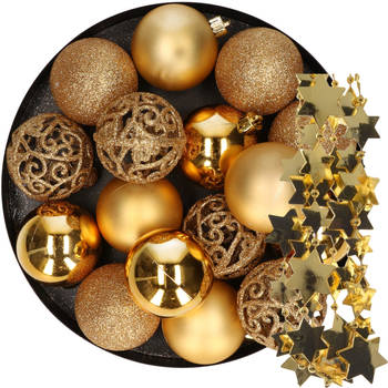 16x stuks kunststof kerstballen 6 cm incl. sterren slinger goud - Kerstbal