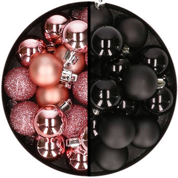 36x stuks kunststof kerstballen roze en zwart 3 en 4 cm - Kerstbal