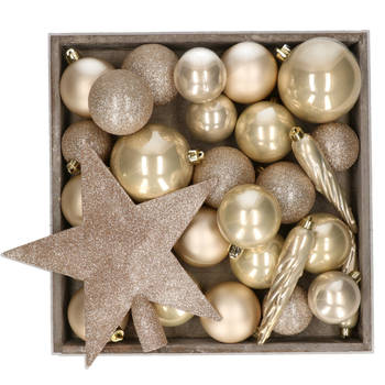 Kunststof kerstballen - 45x stuks - met ster piek - champagne - Kerstbal