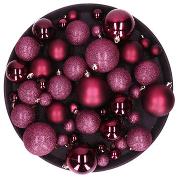 Kerstversiering set kerstballen aubergine roze 6 - 8 - 10 cm - pakket van 62x stuks - Kerstbal