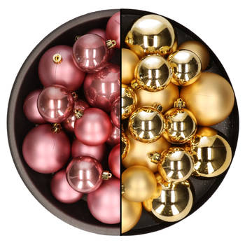 Kerstversiering kunststof kerstballen mix oud roze/goud 6-8-10 cm pakket van 44x stuks - Kerstbal