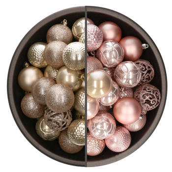 74x stuks kunststof kerstballen mix lichtroze en champagne 6 cm - Kerstbal
