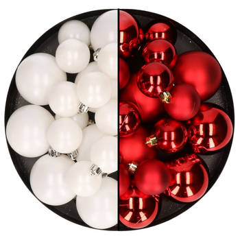 Kerstversiering kunststof kerstballen mix rood/winter wit 4-6-8 cm pakket van 68x stuks - Kerstbal