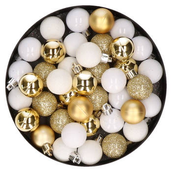 Kleine kunststof kerstversiering 40x stuks set en 3 cm kerstballen in het goud en wit - Kerstbal
