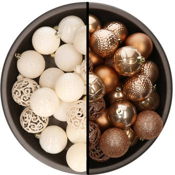 Kerstballen - 74x stuks - wol wit en camel bruin - 6 cm - kunststof - Kerstbal