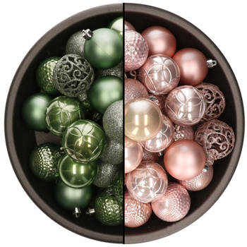 74x stuks kunststof kerstballen mix salie groen en lichtroze 6 cm - Kerstbal