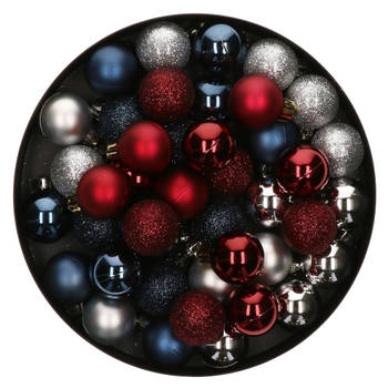 42x Stuks kunststof kerstballen mix donkerrood/zilver/donkerblauw 3 cm - Kerstbal