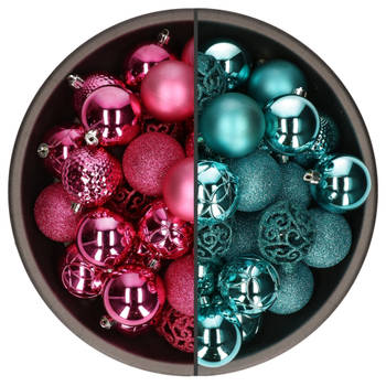 74x stuks kunststof kerstballen mix turquoise en fuchsia roze 6 cm - Kerstbal