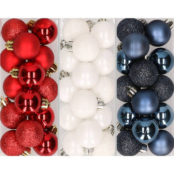 42x stuks kleine kunststof kerstballen mix rood, wit en blauw 3 cm - Kerstbal