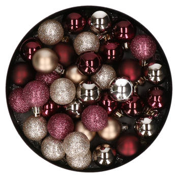 Kleine kunststof kerstversiering 40x stuks set en 3 cm kerstballen in het aubergine en champagne - Kerstbal