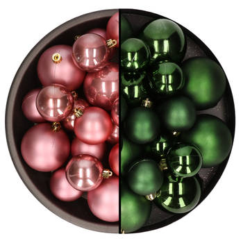 Kerstversiering kunststof kerstballen mix oud roze/donkergroen 6-8-10 cm pakket van 44x stuks - Kerstbal