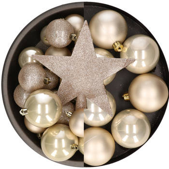 Kunststof kerstballen - 57x stuks - met ster piek - champagne - Kerstbal