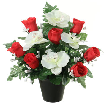 Louis Maes Kunstbloemen plantje in pot - wit/rood - 28 cm - Bloemstuk ornament - rood/bladgroen - Kunstbloemen