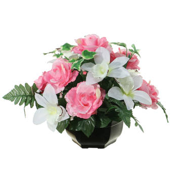 Louis Maes Kunstbloemen plantje in pot - kleuren roze/wit - 25 cm - Bloemstuk ornament - orchidee/rozen met bladgroen -