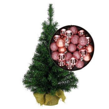 Mini kerstboom/kunst kerstboom H75 cm inclusief kerstballen roze - Kunstkerstboom