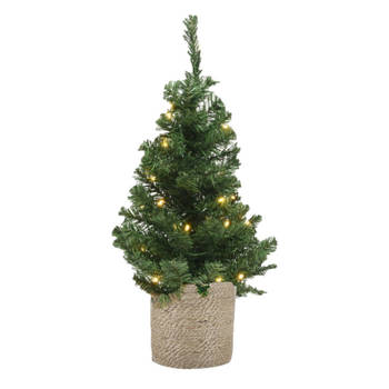 Kunstboom/kunst kerstboom groen 60 cm met verlichting en naturel jute pot - Kunstkerstboom