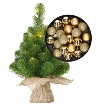 Mini kerstboom/kunstboom met verlichting 45 cm en inclusief kerstballen goud - Kunstkerstboom