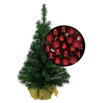 Mini kerstboom/kunst kerstboom H45 cm inclusief kerstballen donkerrood - Kunstkerstboom