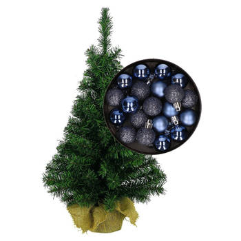 Mini kerstboom/kunst kerstboom H35 cm inclusief kerstballen donkerblauw - Kunstkerstboom