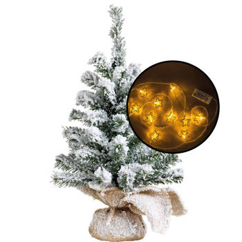 Mini kerstboom - besneeuwd - met 3D sterren verlichting - H45 cm - Kunstkerstboom