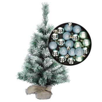 Besneeuwde mini kerstboom/kunst kerstboom 35 cm met kerstballen mintgroen - Kunstkerstboom
