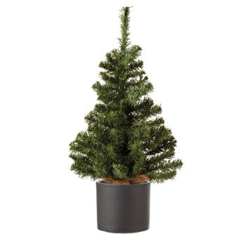 Volle mini kerstboom groen in jute zak 60 cm inclusief donkergrijze pot - Kunstkerstboom