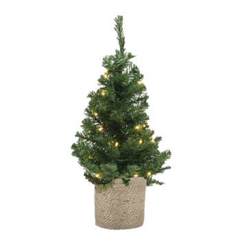 Kunst kerstboom/kunstboom 75 cm met verlichting inclusief naturel jute pot - Kunstkerstboom