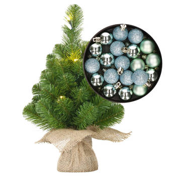 Mini kerstboom/kunstboom met verlichting 45 cm en inclusief kerstballen mintgroen - Kunstkerstboom