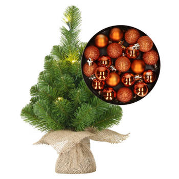 Mini kerstboom/kunstboom met verlichting 45 cm en inclusief kerstballen oranje - Kunstkerstboom