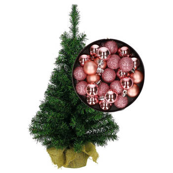 Mini kerstboom/kunst kerstboom H35 cm inclusief kerstballen roze - Kunstkerstboom