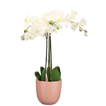 Orchidee kunstplant wit - 75 cm - inclusief bloempot lichtroze glans - Kunstplanten