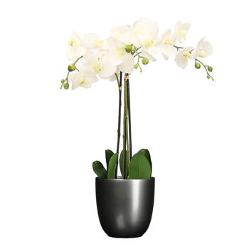 Orchidee kunstplant wit - 75 cm - inclusief bloempot titanium grijs glans - Kunstplanten