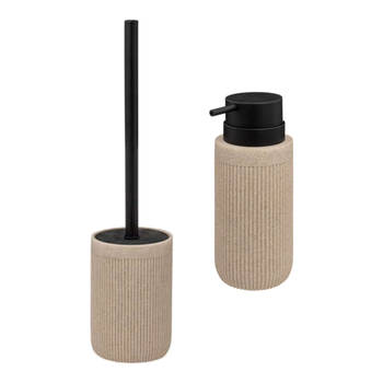 Badkamer/toilet accessoires set Onyx - WC-borstel in houder en zeeppompje - beige/zwart - 350 ml - Badkameraccessoireset
