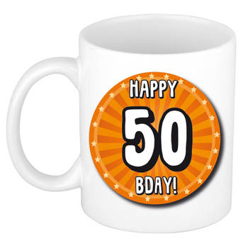 Bellatio Decorations Verjaardag cadeau mok - 50 jaar - oranje - wiel - 300 ml - Sarah/Abraham - feest mokken