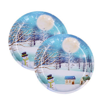 Kerst borden - 2x st - 26 cm - metaal - blauw met sneeuwpop - Bordjes