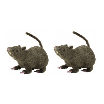 Set van 2x stuks harige horror decoratie rat bruin 21 cm - Feestdecoratievoorwerp