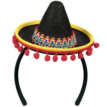 Atosa Verkleed diadeem mini hoedje - zwart/rood - meisjes/dames - Mexicaanse Sombrero thema - Verkleedhoofddeksels