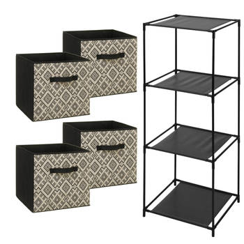 5Five Opbergrek Smartrack - met 4x mandjes stof - zwart/creme - 34 x 98 cm - Opbergkastjes