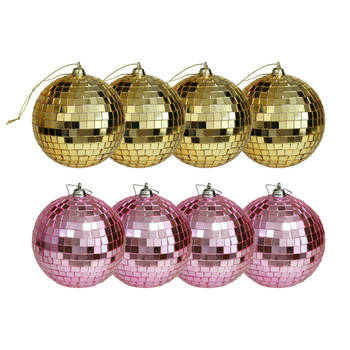Kerstballen disco - 8x st - goud en roze - 8 cm - kunststof - Kerstbal