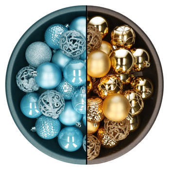 Decoris kerstballen - 74x st - goud en ijsblauw - 6 cm - kunststof - Kerstbal