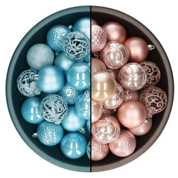 Decoris kerstballen - 74x st - lichtroze en ijsblauw - 6 cm - kunststof - Kerstbal