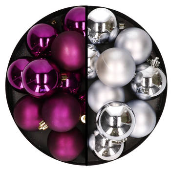 Kerstballen 24x stuks - mix zilver en paars - 6 cm - kunststof - Kerstbal
